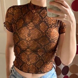 Brown/snake print, mesh/see through material turtleneck top.